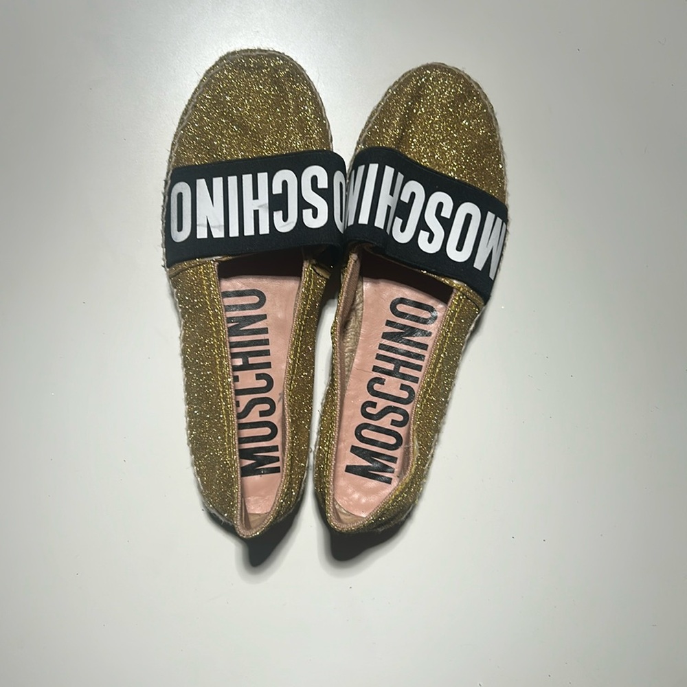 Moschino Gold Glitter Sandals with Black Strap